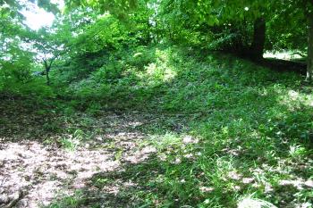 zaoblení příkopu na sv.,hrádek se nachází vlevo,čelně a vpravo poměrně zachovalý zbytek valu (© D Dohňanský, 06/2015)