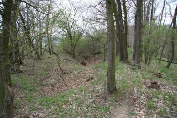 Stopy budov na předhradí, pod pěšinkou by se mohla skrývat zeď ( © Petr Nožička 04/2010)