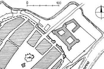 situace kláštera a severní části městského jdra na mapě zakreslené na podkladě katastrální mapy ze 2. třetiny 19. století ( © M. Plaček, M. Bóna: Encyklopedie slovenských hradů, Libri, Praha 2007)