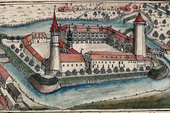 zámek od jihozápadu na kresbě F. B. Wernera z poloviny 18. století ( © Wernher, Friedrich Bernhard: Topographia oder Prodromus Delineati Principatus Lignicensis Bregensis, et Wolaviensis)