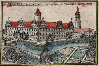 zámek od severovýchodu na kresbě F. B. Wernera z poloviny 18. století (© Wernher, Friedrich Bernhard: Topographia oder Prodromus Delineati Principatus Lignicensis Bregensis, et Wolaviensis)