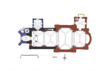 zaměření kostela v úrovni přízemí (© Dalibor Janiš, Radim Vrla a kol.: Hrady Zlínského kraje, Spolek přátel hradu Lukova, Lukov 2019)