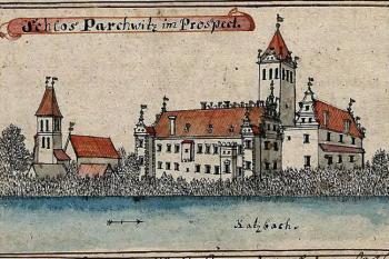 zámek na kresbě F. B. Wernera z poloviny 18. století (© Wernher, Friedrich Bernhard: Topographia oder Prodromus Delineati Principatus Lignicensis Bregensis, et Wolaviensis)
