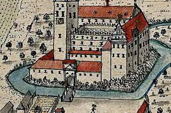 zámek od jihovýchodu na kresbě F. B. Wernera z poloviny 18. století (© Wernher, Friedrich Bernhard: Topographia oder Prodromus Delineati Principatus Lignicensis Bregensis, et Wolaviensis)