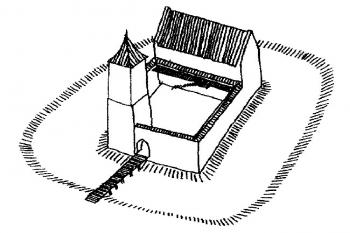 Rekonstrukce pravděpodobné podoby hradu na počátku 15. století ( © J. Salm podle E. Różycké, 1963 (in L. Kajzer, S. Kołodziejski, J. Salm: Leksykon zamków v Polsce,nakl. Arkady, Warszawa, 2003))