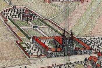 klášter v polovině 18. století na rytině F. B. Wernera (© © Wernher, Friedrich Bernhard: Topographia oder Prodromus Delineati Principatus Lignicensis Bregensis, et Wolaviensis, Biblioteka Uniwersytecka we Wrocławiu, Oddział Rękopisów)