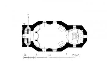 půdorys kostela ( © Anton Gnirs: Topographie der historischen und kunstgeschichtlichen Denkmale in der tschechoslowakischen Republik sv. 50 die Bezirke Tepl und Marienbad, Deutsche Gesellschaft der Wissenschaften und Künste für die Tschechoslowakische Republik in Prag, 19)