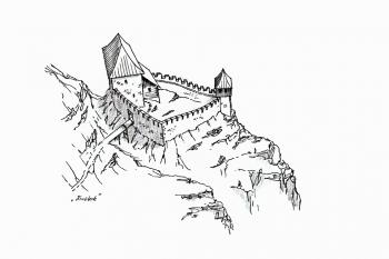Rekonstrukce možné podoby středověkého hrádku nad Kružberkem v celokamenné podobě.  (© Jan P. Štěpánek 04/2020)