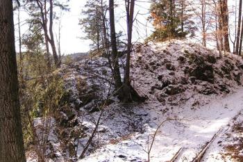 celkový pohled na pahorek hradu přes čelní příkop od ssv. ( © Jan P. Štěpánek 02/2008)