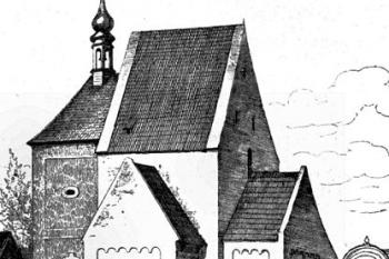 půdoba původního kostela před zbořením ( © Antonín Podlaha: Soupis památek historických a uměleckých v Království Českém, sv. 06 Politický okres mělnický, Archaelogická komise při České akademii císaře Františka Josefa pro vědy, slovesnost a umění, Praha 1899)