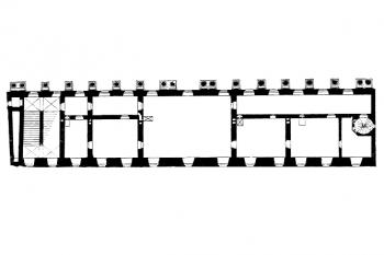 půdorys typického patra (© A. Prokop, Die Markgrafschaft Mähren in kunstgeschichtlicher Beziehung 3., Wien, 1904.)