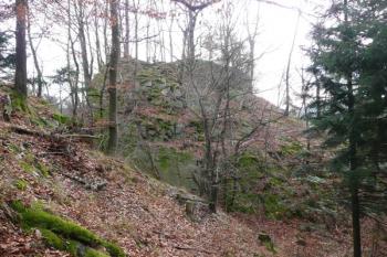 pohled na čelo mohutného skaliska s pozůstatky štítové hradby zadního hradu ( © Jan P. Štěpánek 11/2009)