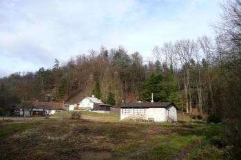 celkový pohled na zalesněný hřeben s pozůstatky zadního a předního hradu Potštát (Puchart) ( © Jan P. Štěpánek 12/2009)
