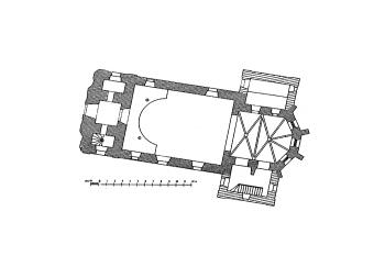 půdorys kostela ( © Antonín Podlaha: Soupis památek historických a uměleckých v Království Českém, sv. 06 Politický okres mělnický, Archaelogická komise při České akademii císaře Františka Josefa pro vědy, slovesnost a umění, Praha 1899)