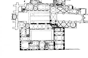 půdorys paláce s přilehlým kostelem P. Marie pod řetězem ( © Pavel Vlček a kol.: Umělecké památky Prahy 3 - Malá Strana, Academia, Praha 1999)