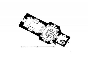 půdorys kaple ( © Ferdinand Velc: Soupis památek historických a uměleckých v Království Českém, sv. 20 Politický okres slanský, Archaelogická komise při České akademii císaře Františka Josefa pro vědy, slovesnost a umění, Praha 1904)
