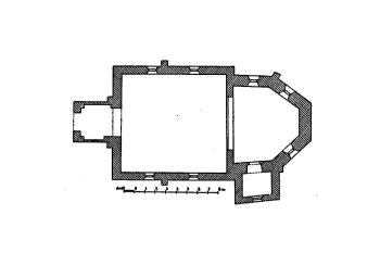 půdorys kostela ( © Antonín Podlaha, Eduard Šittler: Soupis památek historických a uměleckých v Království Českém, sv. 05 Politický okres Milevský, Archaelogická komise při České akademii císaře Františka Josefa pro vědy, slovesnost a umění, Praha 1898)