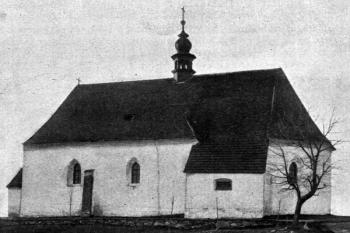 pohled na kostel od jihu na konci 19. století ( © Antonín Podlaha, Eduard Šittler: Soupis památek historických a uměleckých v Království Českém, sv. 05 Politický okres Milevský, Archaelogická komise při České akademii císaře Františka Josefa pro vědy, slovesnost a umění, Praha 1898)