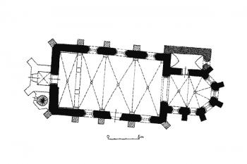 půdorys kostela ( © P. Kroupa podle soupisu památek (in Pavel Kroupa: Průzkumy tří kostelů na Litoměřicku a Slánsku, Průzkumy památek 2001/II, Národní památkový ústav, Praha 2001)