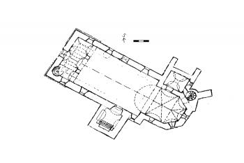 půdorys kostela v úrovní patra podle E. Krčmářové (© Lucie Augustinková: Členění sakrálního interiéru tribunami, Svorník 6/2008, Sdružení pro stavebněhistorický průzkum a Národní Památkový ústav, Praha 2008)