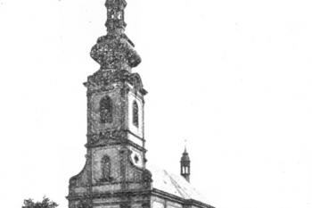 kostel od jihozápadu na počátku 20. století (© Antonín Podlaha: Posvátná místa království Českého; Díl 1. Vikariáty: Českobrodský, Černokostelecký, Mnichovický a Prosecký, Dědictví sv. Jana Nepomuckého, Praha 1907)