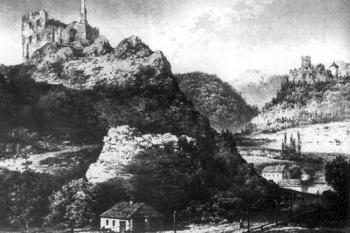 pohled od severovýchodu ve 2. polovině 19. století ( © kresba Napoleon Orda, konec 19. st)