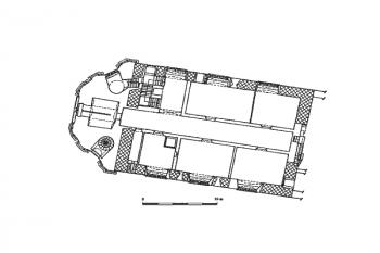 půdorys kostela ( © Jan Smetana, Lucie Kracíková: Vlastivědná knihovnička SPS 9: Románská a gotická sakrální architektura v okrese Česká Lípa, Společnost přátel starožitností v Praze, Praha 2000)