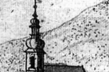 kostel od jihu v polovině 18. století (© F. B. Werner (reprofoto Eliška Fechnerová: Kostel sv. Jiří v Chřibské..., Průzkumy památek XVII/II, Národní památkový ústav, Praha 2010))