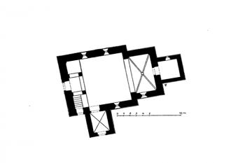 půdorys kostela ( © Ferdinand Velc: Soupis památek historických a uměleckých v Království Českém, sv. 20 Politický okres slanský, Archaelogická komise při České akademii císaře Františka Josefa pro vědy, slovesnost a umění, Praha 1904)