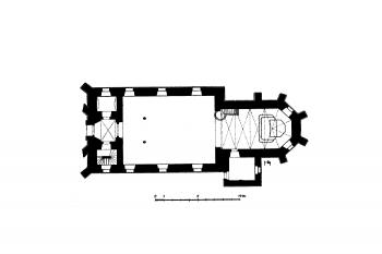 půdorys kostela ( © Ferdinand Velc: Soupis památek historických a uměleckých v Království Českém, sv. 20 Politický okres slanský, Archaelogická komise při České akademii císaře Františka Josefa pro vědy, slovesnost a umění, Praha 1904)