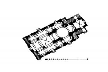 půdorys kostela ( © František Mareš, Jan Sedláček: Soupis památek historických a uměleckých v Království Českém, sv. 10 Politický okres třeboňský, Archaelogická komise při České akademii císaře Františka Josefa pro vědy, slovesnost a umění, Praha 1900)