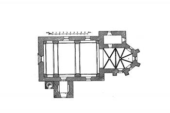 půdorys kostela ( © Antonín Podlaha, Eduard Šittler: Soupis památek historických a uměleckých v Království Českém, sv. 05 Politický okres Milevský, Archaelogická komise při České akademii císaře Františka Josefa pro vědy, slovesnost a umění, Praha 1898)