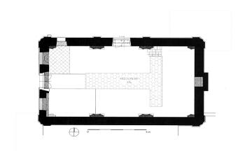 půdorys synagogy ( © Miroslav Nový: Synagoga v Budyni nad Ohří, Dějiny staveb 2013, Klub Augusta Sedláčka ve spolupráci se Sdružením pro stavebněhistorický průzkum, Plzeň 2013)