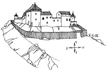Bánov - hypotetická kresba sídla  z jeho vrcholné fáze (© Karel Světlík, 06/2010)
