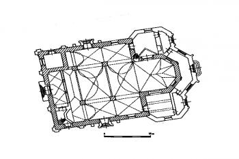 půdorys kostela ( © L. Laurinová, L. Kracíková (in J. Smetana, L. Kracíková: Románská a gotická sakrální architektura v okrese Česká Lípa, Vlastivědná knihovnička SPS 9, Praha 2000))