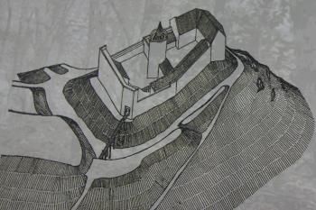 možná podoba hradu vyobrazená na informační ceduli (© Luděk Vláčil, 02/2015)
