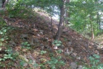 panoramatický pohled na suťový kužel věže a reliéfní pozůstatky po masivní čelní hradbě (vpravo) ( © Ondřej Štěpánek 09/2007)