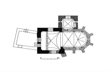 půdorys kostela ( © P. Kroupa podle zaměření fy Štěpánek a spol. (in P. Kroupa: Průzkumy tří kostelů na Litoměřicku a Slánsku, Průzkumy památek 2001/II, Památkový ústav Středních Čech v Praze, Praha 2001))