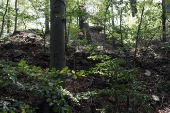 Pohled z parkánu na jádro hradu přes dvě zdi (starý parkán a staré předhradí) ( © Iva Spurná 28.9.2009)
