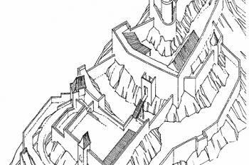 Pokus o rekonstrukci podoby hrau před zánikem (© M. Plaček: Ilustorvaná encyklopedie moravských hradů, hrádků a tvrzí, Dodatky1, Libri, Praha 2007)