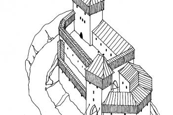 Malenovice - autorova vize  podoby hradu v jeho vrcholné fázi (© Karel Světlík, 06/2010)