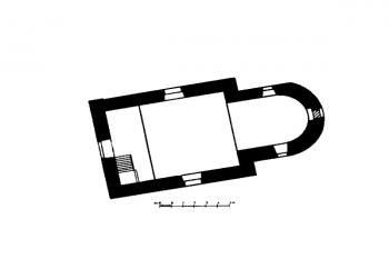 půdorys kostela ( © Antonín Podlaha: Soupis památek historických a uměleckých v Království Českém, sv. 28 Politický okres Vinohradský, Archaelogická komise při České akademii císaře Františka Josefa pro vědy, slovesnost a umění, Praha 1908)