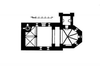 půdorys kostela ( © Antonín Podlaha: Soupis památek historických a uměleckých v Království Českém, sv. 28 Politický okres Vinohradský, Archaelogická komise při České akademii císaře Františka Josefa pro vědy, slovesnost a umění, Praha 1908)