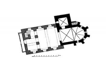 půdorys kostela ( © Josef Soukup: Soupis památek historických a uměleckých v Království Českém, sv. 18 Politický okres Pelhřimovský, Archaelogická komise při České akademii císaře Františka Josefa pro vědy, slovesnost a umění, Praha 1903)
