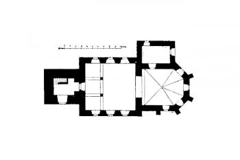 půdorys kostela ( © Josef Soukup: Soupis památek historických a uměleckých v Království Českém, sv. 18 Politický okres Pelhřimovský, Archaelogická komise při České akademii císaře Františka Josefa pro vědy, slovesnost a umění, Praha 1903 )