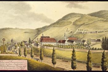 Klášter a město na obr. I.A.Venuta z roku 1817 (© Ing. Karel Kubín, 09/2017)