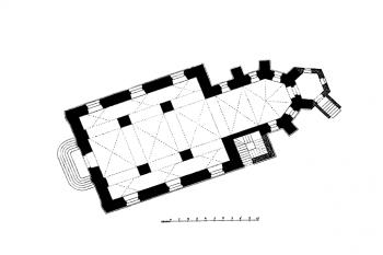 půdorys kostela ( © Josef Soukup: Soupis památek historických a uměleckých v Království Českém, sv. 18 Politický okres Pelhřimovský, Archaelogická komise při České akademii císaře Františka Josefa pro vědy, slovesnost a umění, Praha 1903)
