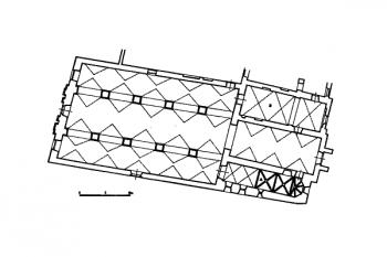 půdorys klášterního kostela, stav r. 2001 ( © Dana Kouřilová: Bývalý kostel sv. Václava v Opavě - výsledky průzkumu fasád (in kol., ed. Dalibor Prix: Pro arte - sborník k  poctě Ivo Hlobila, Artefactum, Ústav dějin umění AV ČR, Praha 2002))