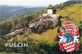 Možná podoba nevelkého hradu v Pulčínských skalách v době kolem roku 1450. Erb Miroslava z Cimburka, který hrad získal od královny Barbory, ženy císaře Zikmunda, v roce 1440. ( © Rostislav Vojkovský)