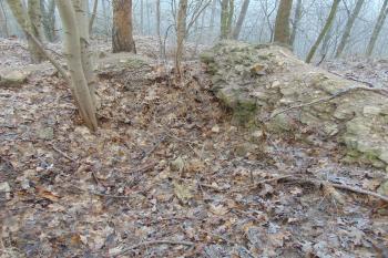 Sv. nároží hradu se stavbou pravděpodobně chránící vstup do sev. parkánu (© Dušan Dohňanský 01/2021)
